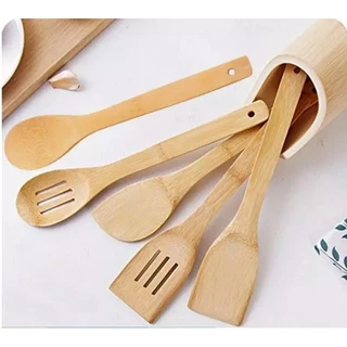 Conjunto Com 5 Peças Utensílios de Cozinha Colher Vazada Espátula Pá Madeira Bambu Com Suporte De Mesa