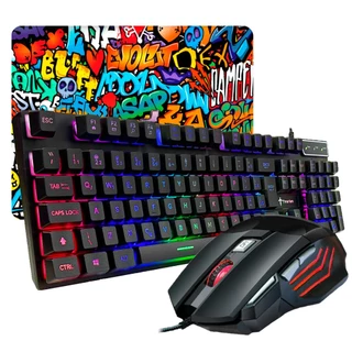 Kit Gamer Teclado Semi-mecânico + Mouse RGB 3200 Dpi + Mouse Pad Preto Led RGB com Fio PC Notebook