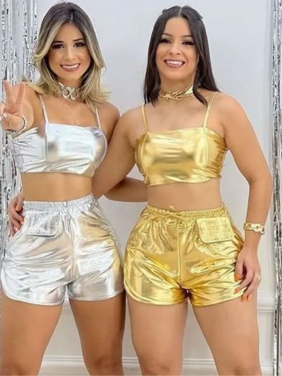 Conjunto Feminino Metalizado Cropped + Short Hot pants Dourado