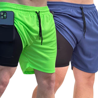 KIT 2 Short Dry Fit Bermuda 2 em 1 Academia Masculina Treino Corrida Com Elastano