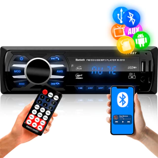 Rádio MP3 Som Automotivo Bluetooth Universal 1 Din LED Azul 2 USB Auxiliar Leitor Cartão SD 3010