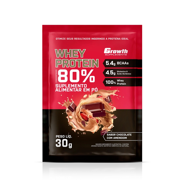1x 80% WHEY PROTEIN CONCENTRADO Sachês de 30g cada – Growth Suplementos Chocolate com Amendoim