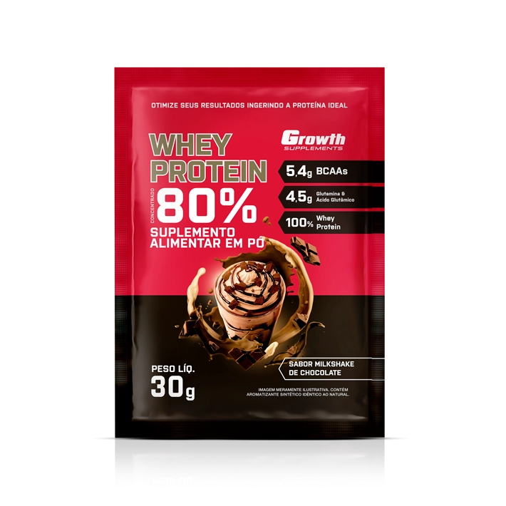 1x 80% WHEY PROTEIN CONCENTRADO Sachês de 30g cada – Growth Suplementos Chocolate com Milk Shake