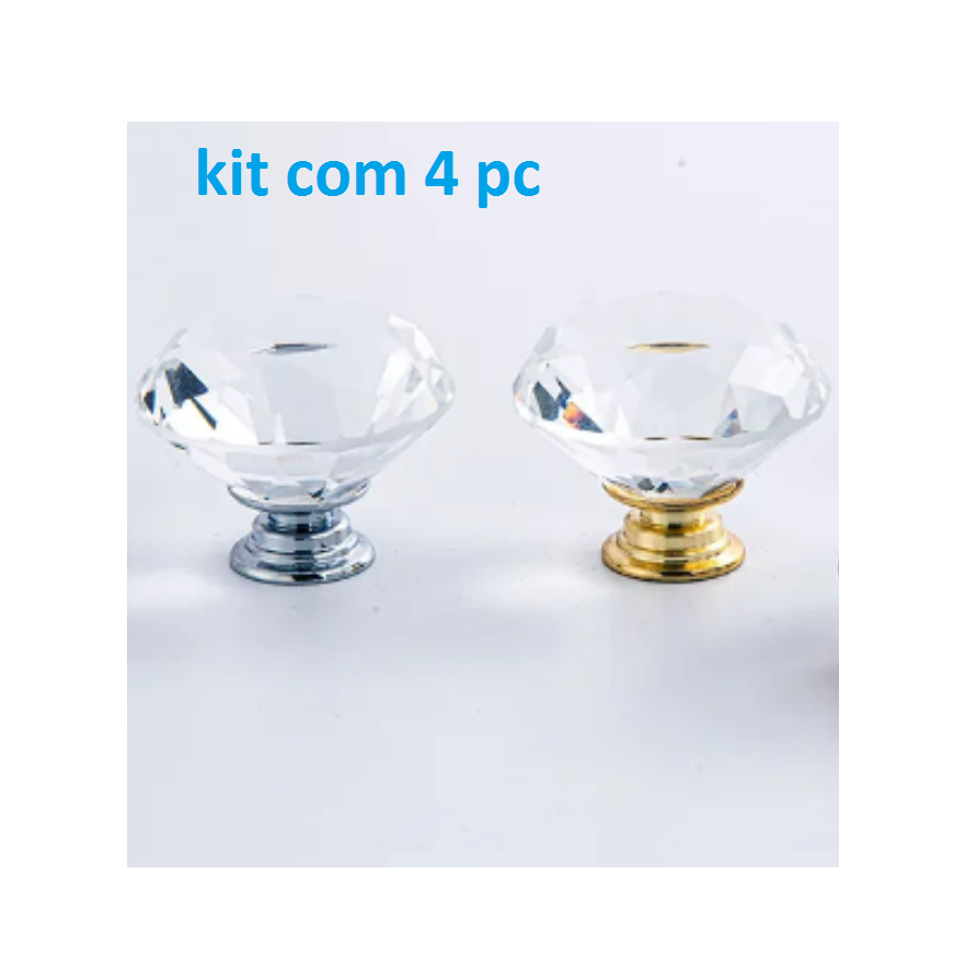 Kit 4 Puxadores Cristal 30mm Porta Gaveta Dourado ou Cromado