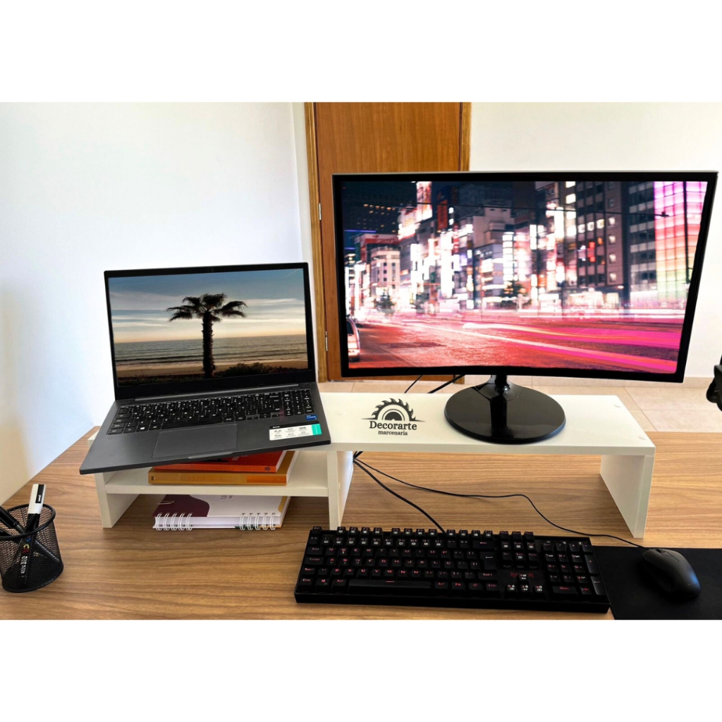 Suporte Dois Monitor Gamer Mesa Setup Home Office Youtuber organizador branco e preto mdf qualidade