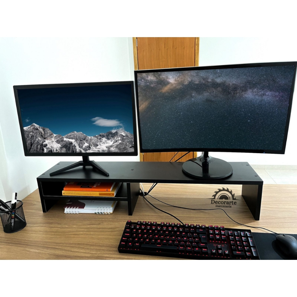 Suporte Dois Monitor Gamer Mesa Setup Home Office 90cm preto branco mdf