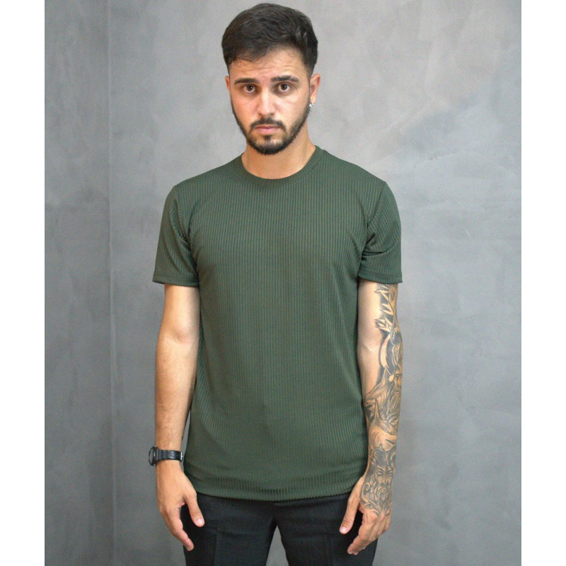 Camiseta Canelada Verde Masculina Basica Justa Estilo Americano Colada ...