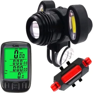 Kit de Acessórios para bicicleta Velocímetro com fio + Farol Lanterna Bike 3 Focos Led + lanterna Traseira Recarregável