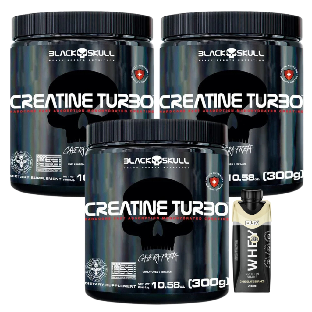 3x Creatina Turbo – 300g – Black Skull + Whey Shake Protein 250ml – Dux (Variado
