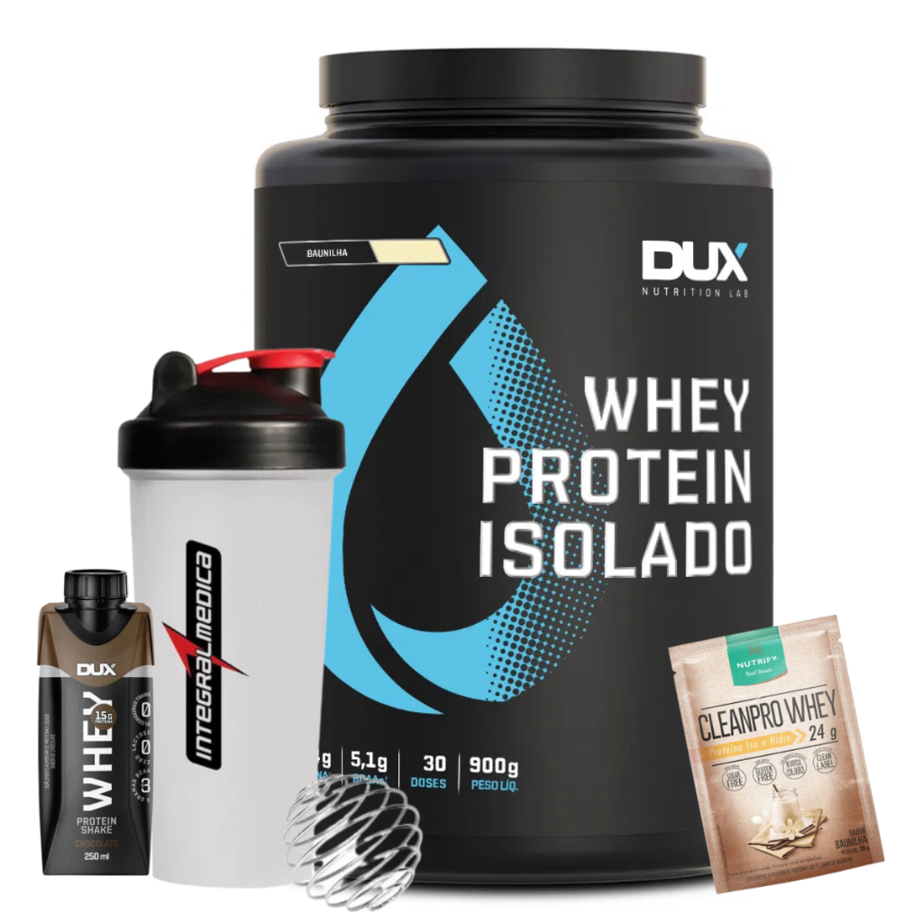 Whey 100% Protein Isolado – 900g + Whey Shake 250ml – Dux + Coqueteleira – IM + Dose