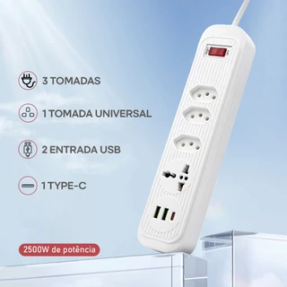 Régua de Energia 3 Tomadas 2 Portas USB 1 Porta Tipo-C 1 Tomada Universal 1,90M Bivolt - A630