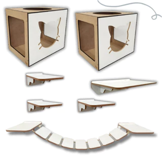 Kit Playground para Gatos 2 Nichos + 1 Ponte + 4 Prateleiras Branco