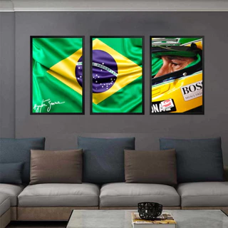 Kit trio quadros decorativos F1 Ayrton Senna piloto Brasil