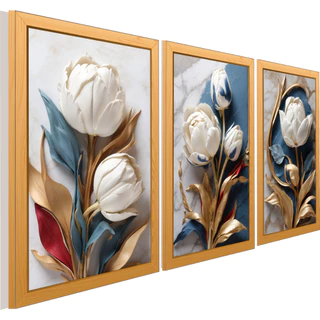 Kit 3 Quadro Floral Tulipas Branca Dourada Ouro Marmorizado Sala Quarto