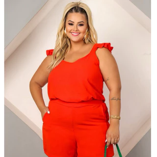 Conjunto Feminino Alfaiataria PlusSize Modelo Curve Short e Blusa Crepe Dunas.