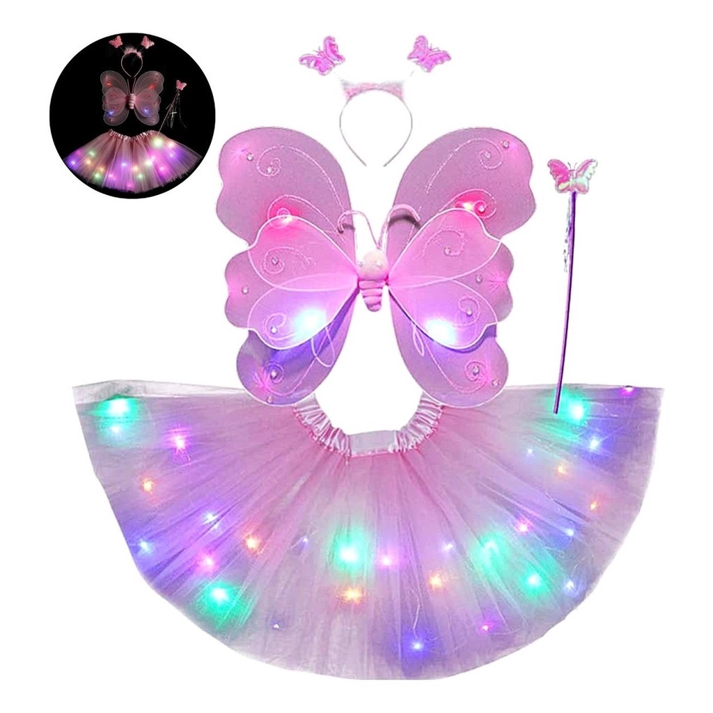 Fantasia infantil rosa fada bailarina asas+saia+tiara com led promo