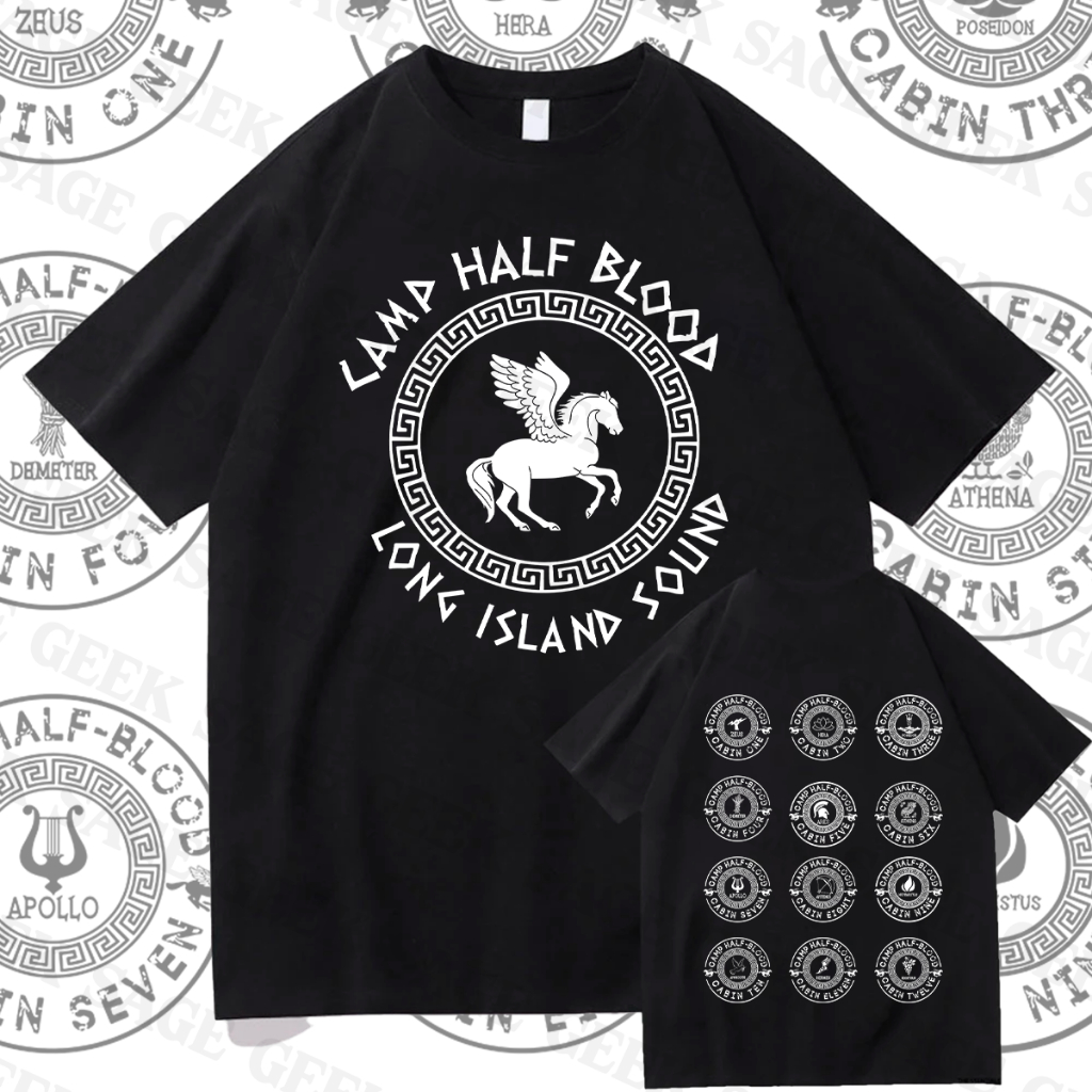 Camiseta Algodao Percy Jackson Acampamento Meio Sangue Simbolos Dos deus Mitologia Grega Unissex