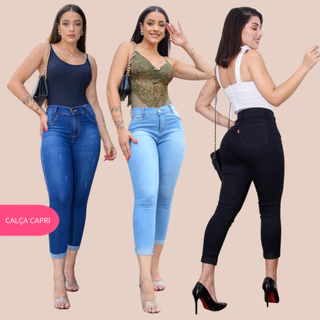 CALÇA CAPRI FEMININA JEANS COM ELASTANO BARRA VIRADA