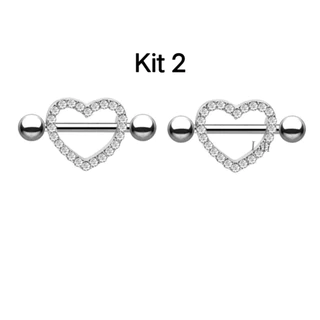 Kit 2 Piercing Mamilo Modelos Coração Cravejado com Zirconia cristal
