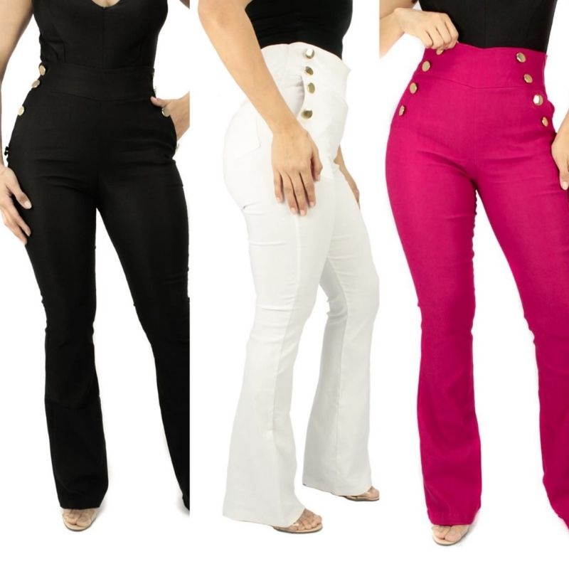 Calça social Flare Feminina Cintura Alta Botões Dourado Bengaline PM G GG