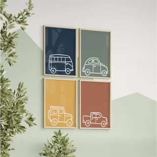 Quadro de decoração para quarto de menino - para quarto de bebê - carros - desenho de carros - kit com 4 peças 30x20