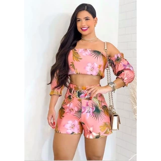 Conjunto cropped e short, estampado,moda verão.