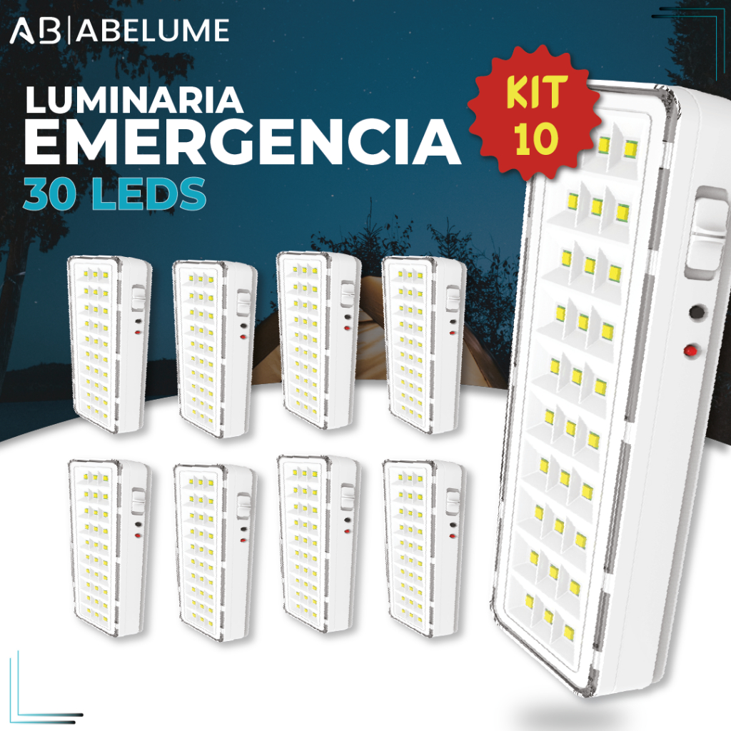 Kit 10 Luminárias Emergência Lâmpada 30 Leds Recarregável Bivolt Luz Branca (Branco Frio 6,500K)