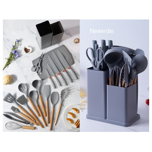 Kit Completo Jogo Utensílios de Cozinha Luxo 19 Peças Com Tábua em Silicone Espátula Faca Tesoura