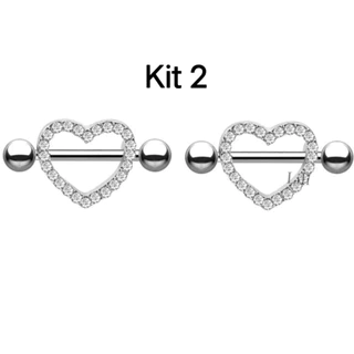 Kit 2 Piercing Mamilo Modelos Coração Cravejado com strass
