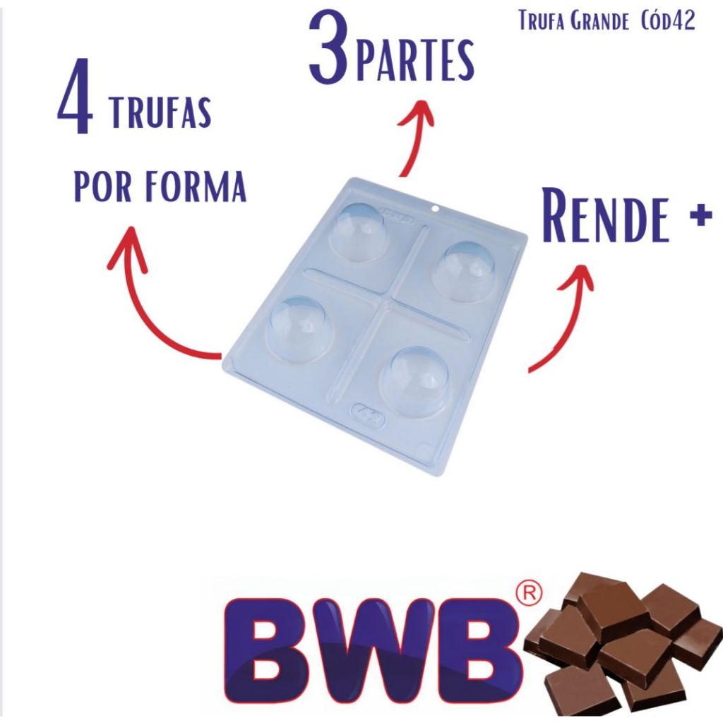 Forma BWB com silicone (3 partes) para chocolate cód 42-Bombom especial 60g para festas trufas docinhos