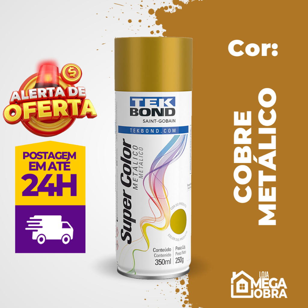 Tinta Spray Metalica 350ML Cobre Tekbond Secagem Rápida Artesanato Madeira Ferro Gesso Cerâmica Automotiva Decoração Top