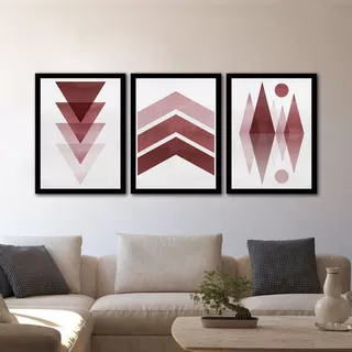 Quadro Decorativo 03 Peças 40x60 - Geometrico Tons de Marçala - Placas Sem Moldura Para Decorar Qualquer Ambiente