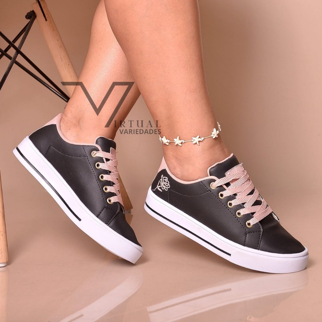 Tênis Feminino Casual Barato Sola Alta Modinha Detalhe Em Flor