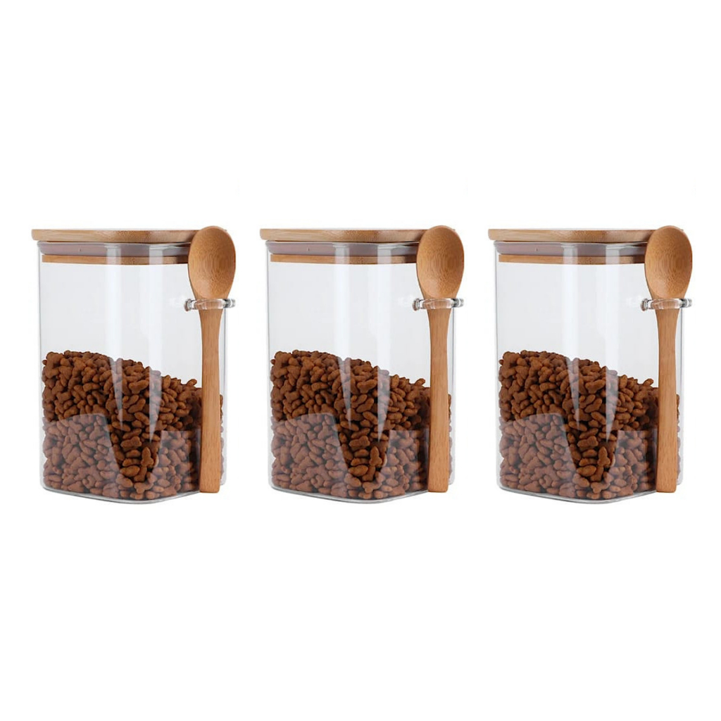 03 Potes Vidro Quadrado 8 x 15 cm = 750ml Borossilicato Hermético Tampa E Colher Bambu Boro silicato 0,75 litros
