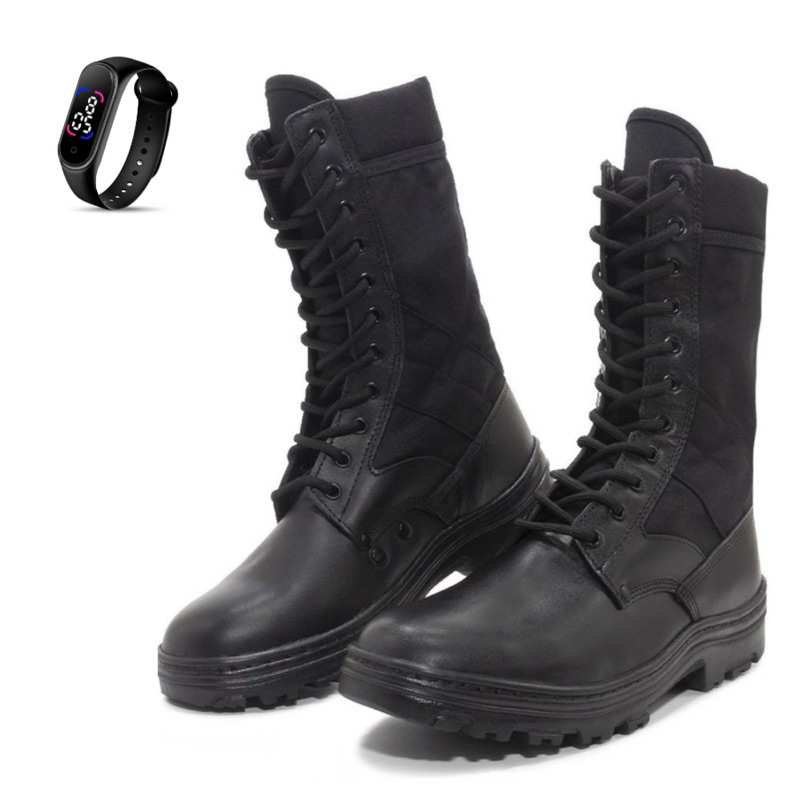 Bota Coturno Masculina Militar Tática De Couro Reforçado Costurado Impermeável Com Zíper Ajustável + Relógio