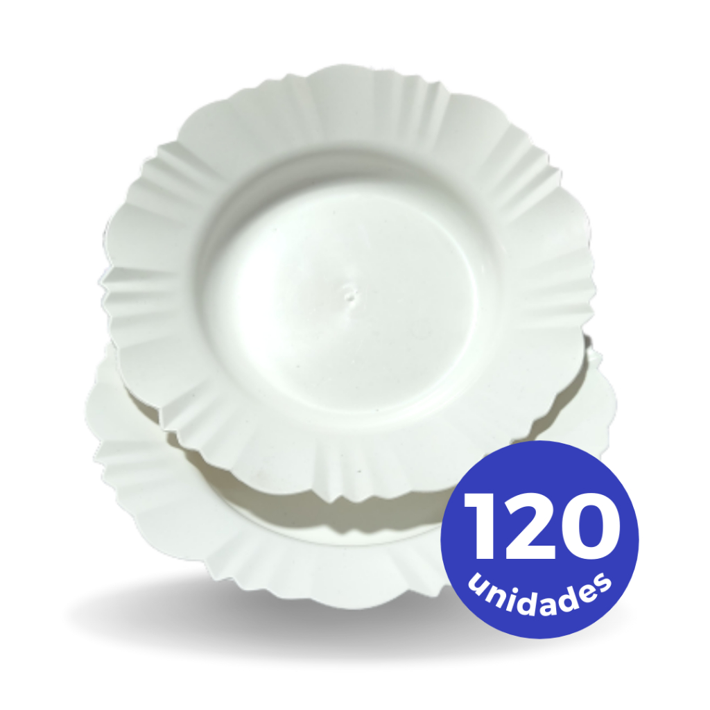 Kit 120 prato fundo com borda branco refeição churrasco festa prato redondo plastico branco
