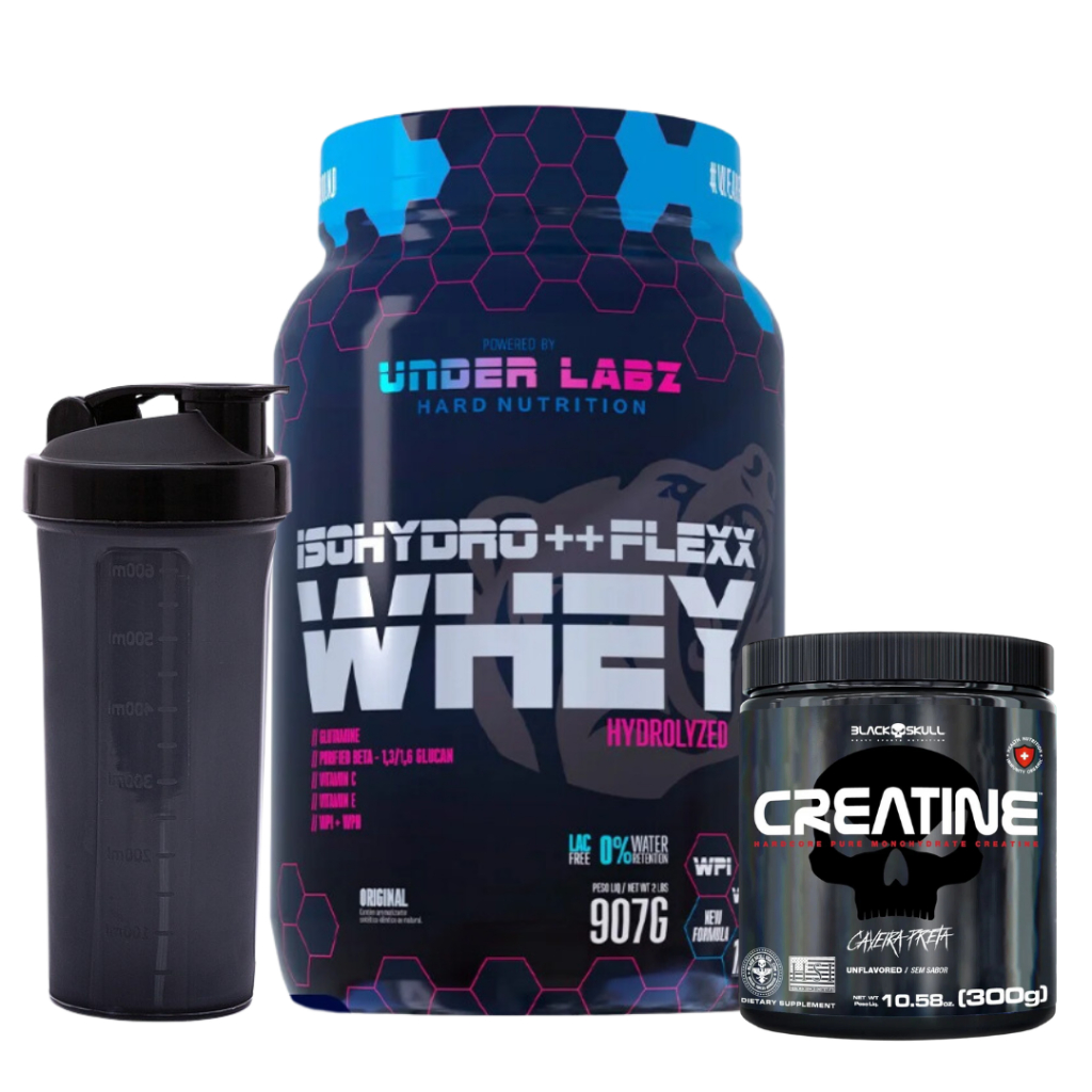 Isohydro ++ Flexx Whey 907g – Under Labz – 907g + Creatina Pura – 300g – Black Skull + Coqueteleira