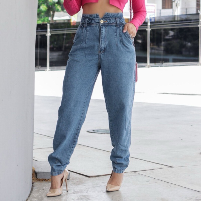 calça jeans mom cintura alta marmorizado premium coleção luxo