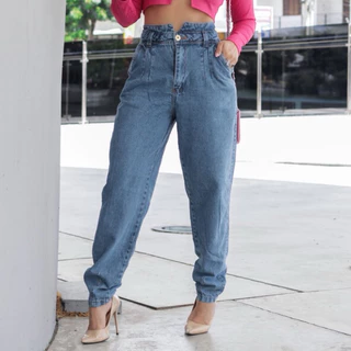 calça jeans mom cintura alta marmorizado premium coleção luxo