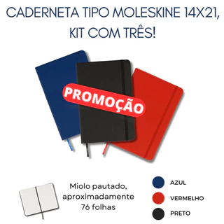 KIT 3 UNIDADES, CADERNETA TIPO MOLESKINE 14X21