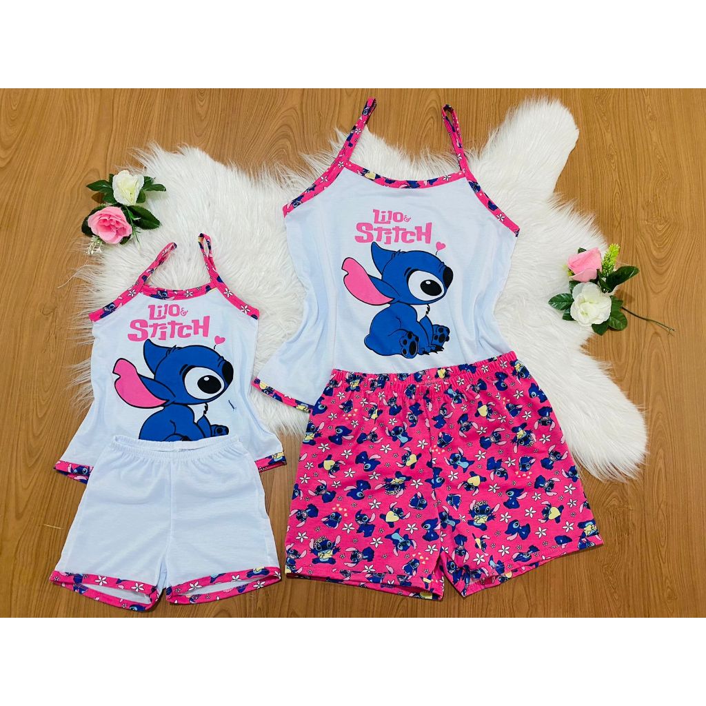 KIT Mãe e Filha 2 Conjuntos de Pijama Baby Doll Alça Estampado Lilo Stitch Disney