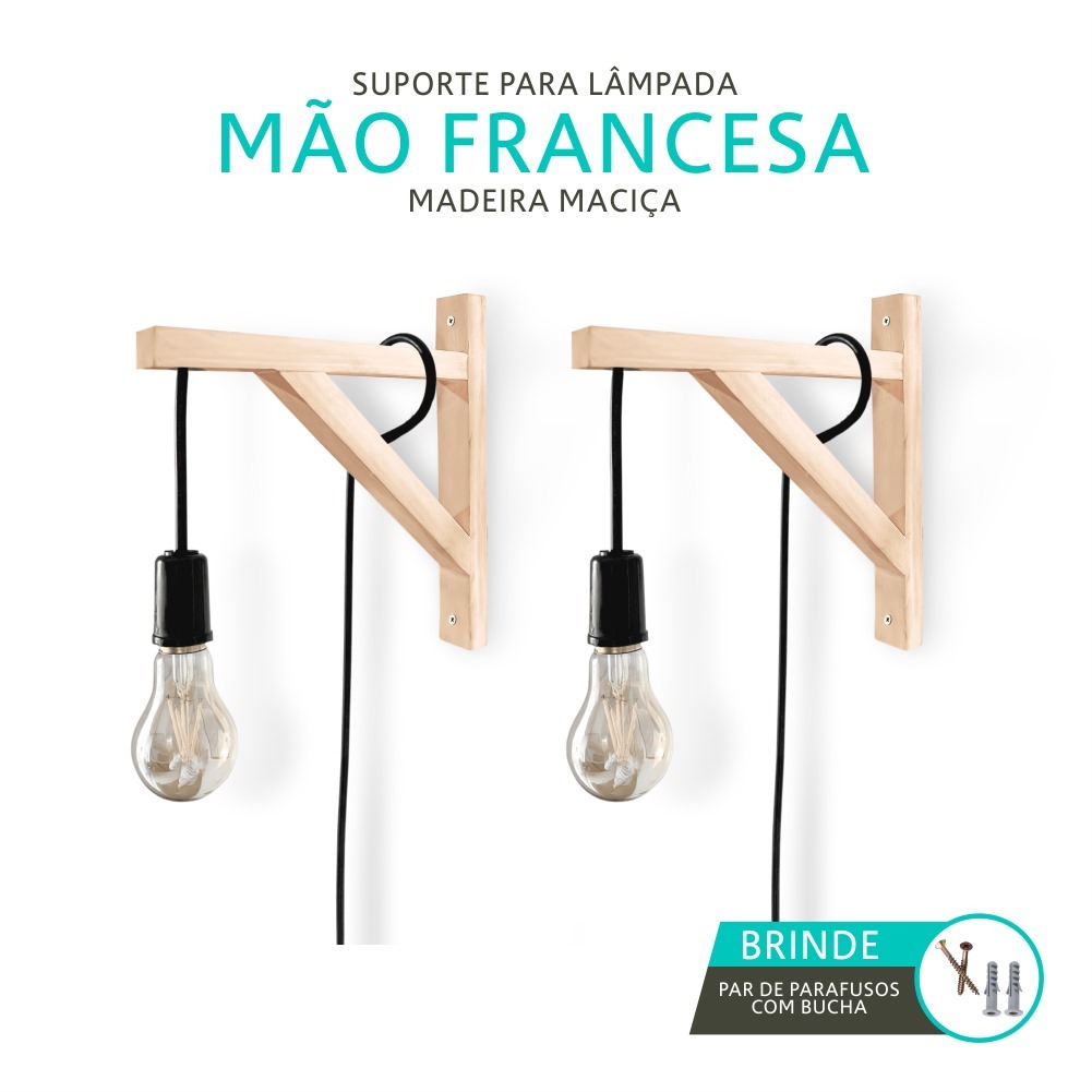 kit 2 - Suporte para lâmpadas mão francesa madeira maciça