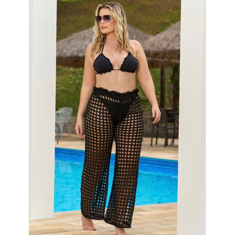 Calça Saída de Praia Pantalona Furinhos Tricôt Trico Croche
