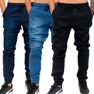 Kit 3 Calças Jogger Masculina Jeans e Sarja C/ Punho Lycra em Oferta na Shopee