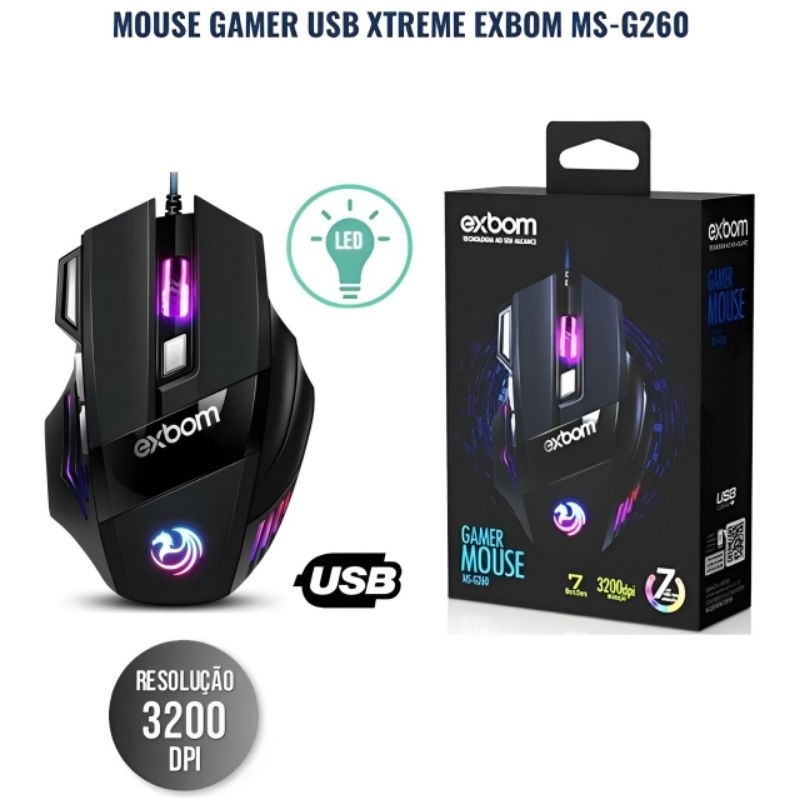 Mouse Gamer RGB Com Led 3.200 DPI 7 Botões Com Fio USB Ergonômico