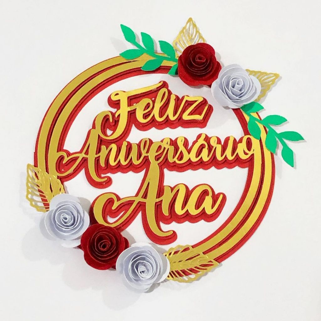 Topo Topper de Bolo 3D Feliz Aniversário Nome em Círculo + 5 Flores ...