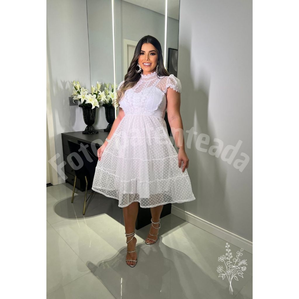 Vestido De Noiva Civil Gestante Rodado Tule Com Detalhe em Poa