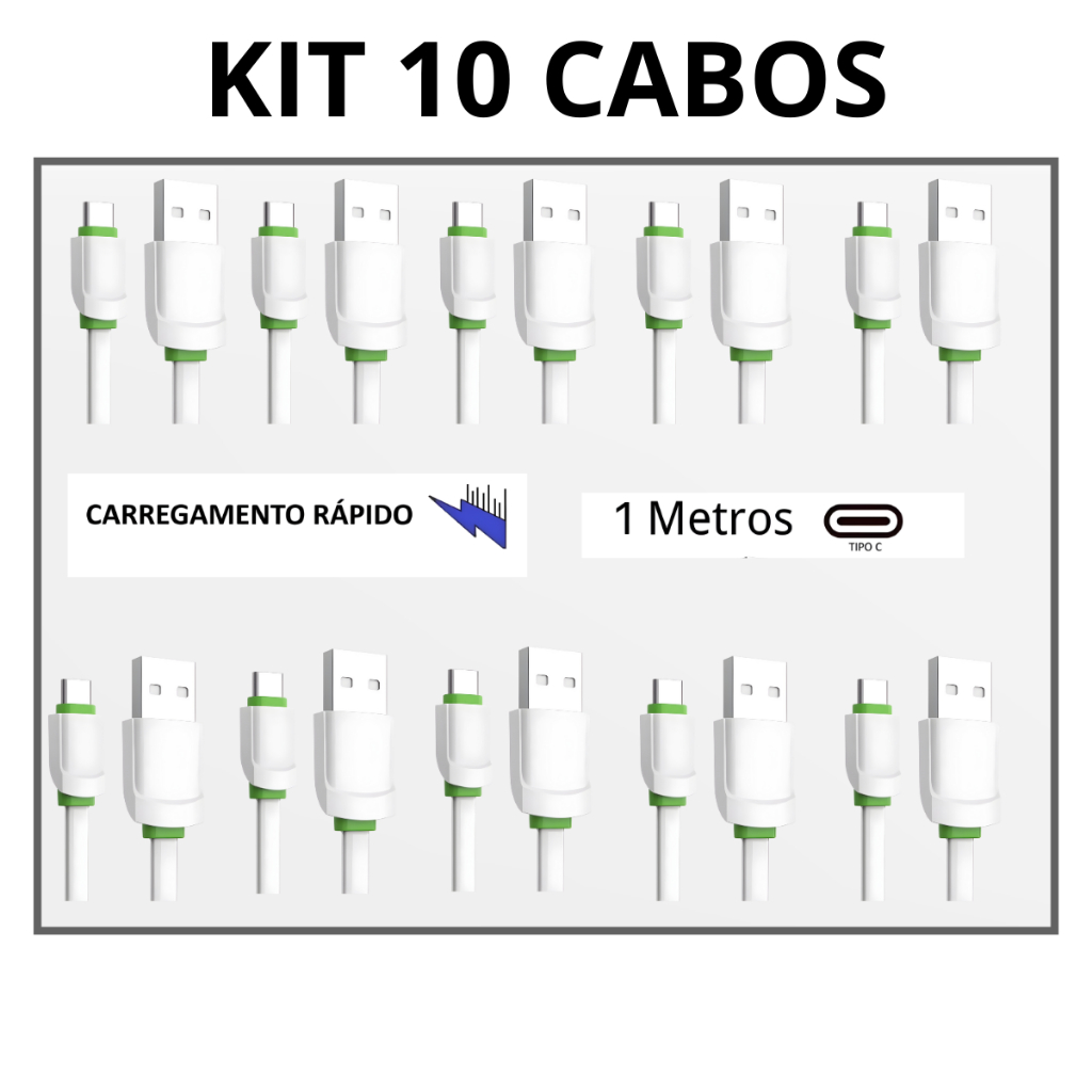 KIT 10 Cabo Usb 1M Carregador Dados Resistente Para Tipo C