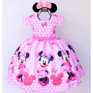 Vestido Luxo Infantil Festa Minnie Rosa 1 ao 16 com Tiara