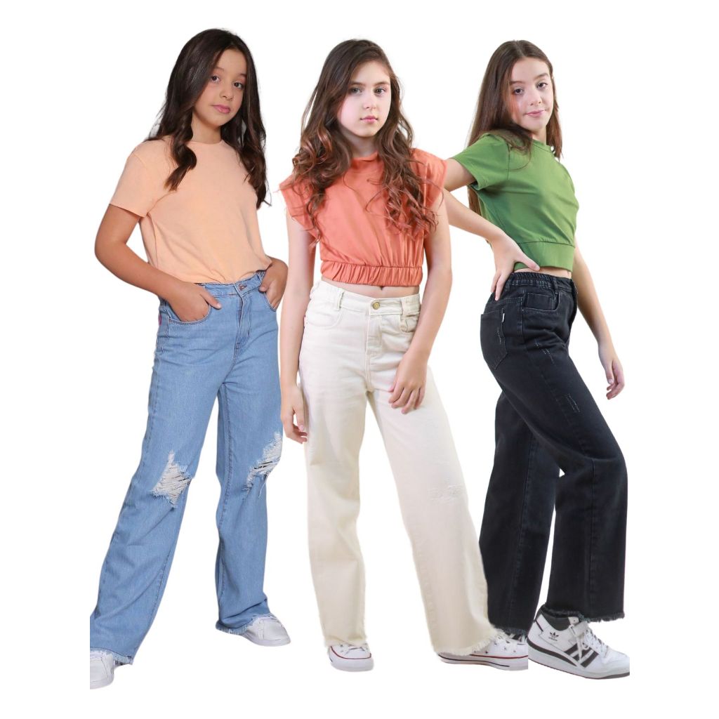 Kit 2 Calças Jeans Infantil Wide Leg Pantalona Menina Blogueirinha